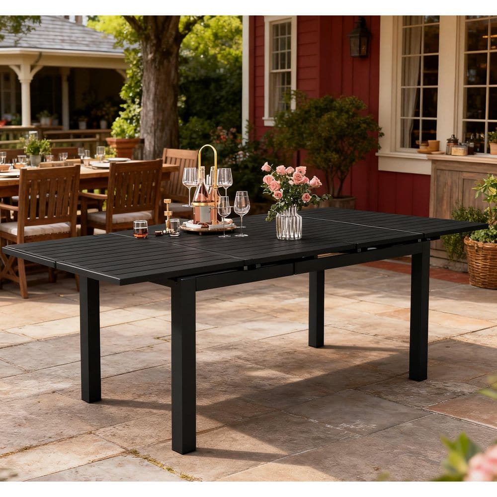 Black Rectangle Aluminum Outdoor Dining Table with Extension W
