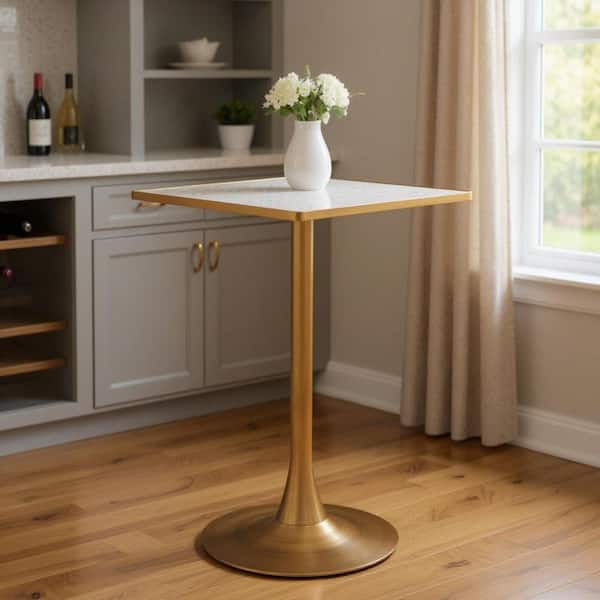 41.7 in. Beige and Gold Faux Terrazzo and Steel Square Bar Table