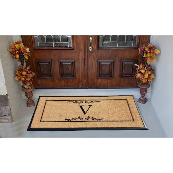 A1 Home Collections A1hc Beige 18 in. x 30 in. Natural Coir Heavy Duty PVC Backing Outdoor Monogrammed V Door Mat