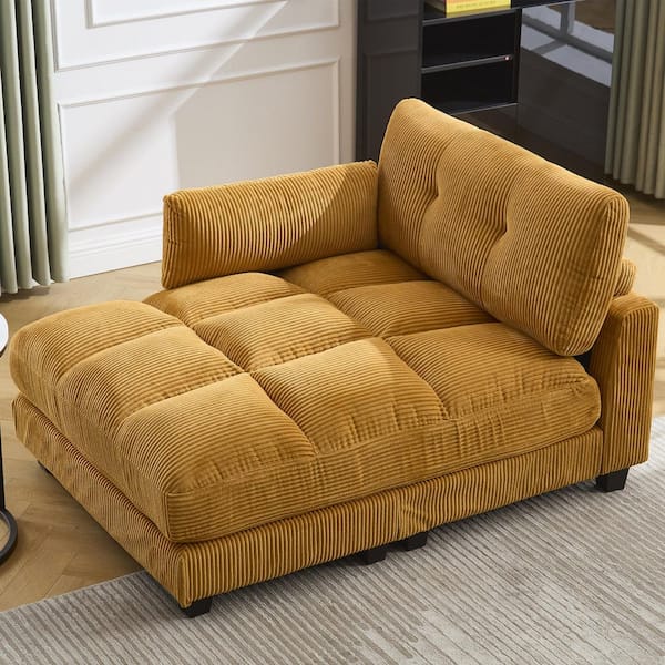 Doris 44.09 in. Mustard Yellow Corduroy Upholstery Twin Size Sofa Bed with Armrest USB Charging, Cup Holders Side Pocket