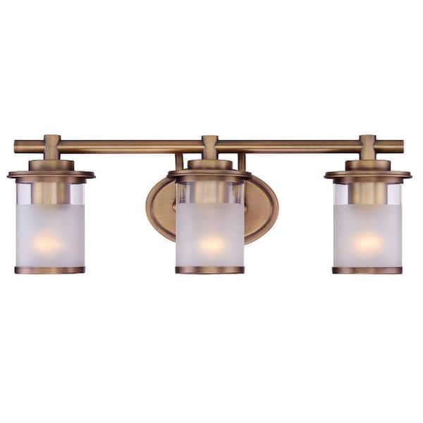 Essence 23.25 in. 3-Light Old Satin Brass Transitional Vanity Light with Frosted and Clear Edge Glass Shades