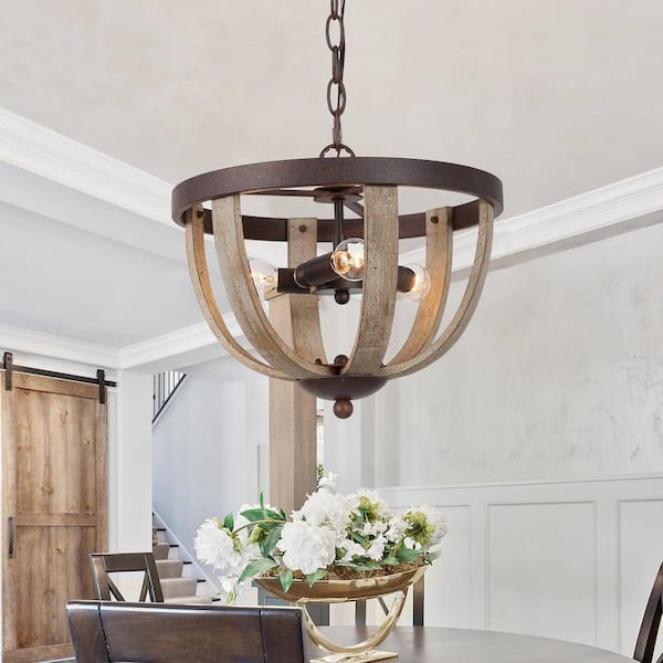 Unbranded Farmhouse Distressed Wood 3-Light Chandelier, Rustic Brown Bowl Cage High Ceiling Light for Kitchen, Dining Room