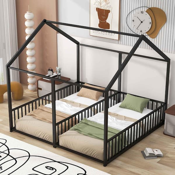 Metal Frame Twin Size House Platform Beds, Two Shared Beds, Black