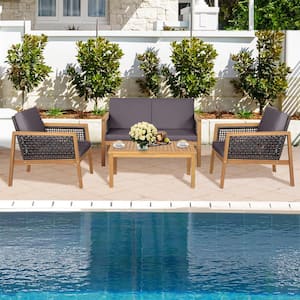 Brown 4-Piece Wood Patio Conversation Set with Gray Cushions