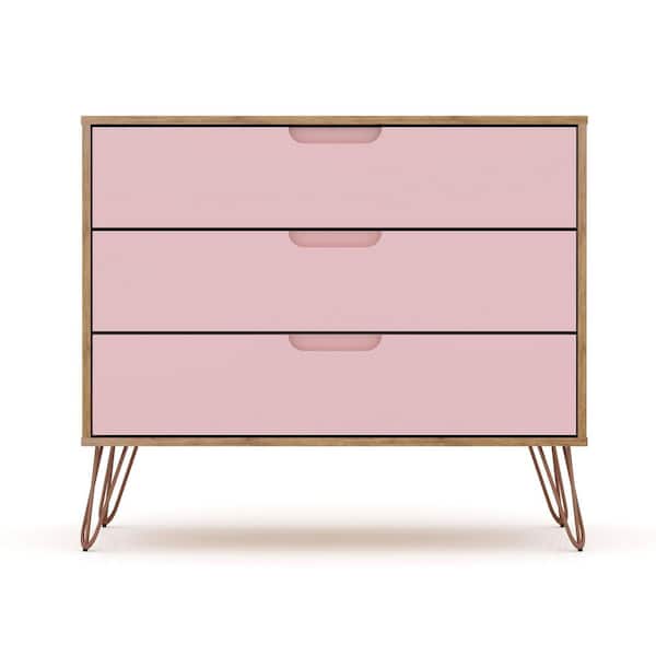 3-Drawer Nature and Rose Pink Mid-Century Modern Dresser