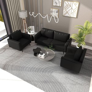 Rusk 3-Piece Sofa Living Room Set Upholstered in Faux Leather with Stainless Steel Legs and Removable Cushions in Black