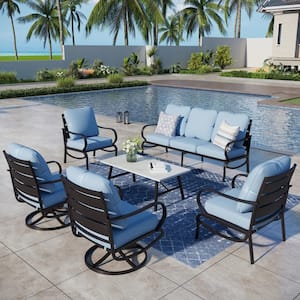Metal Slatted 7-Seat 6-Piece Outdoor Patio Conversation Set with Blue Cushions, Table with Marble Pattern Top