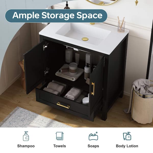 Raven 31 in.W Single Sink Black Freestanding Bath Vanity with White Engineered Solid Surface Top Unassembled