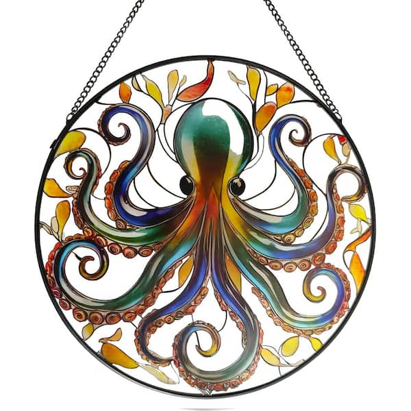 Angel Sar 9.8 in. Octopus Stained Glass Window Hanging Ocean Theme Wall Art Decor with Chain