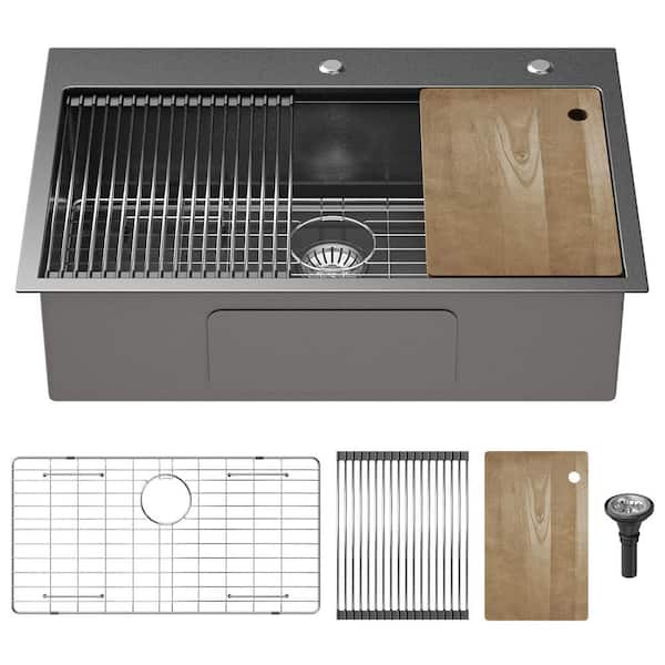 33 in. Drop-in/Undermount Single Bowl 16 Gauge Gun Gray Stainless Steel Kitchen Sink with Cutting Board