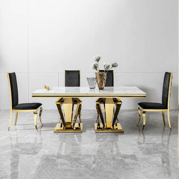 FORCLOVER 79 in. Rectangular Luxury White Marble Modern Dining Table w Gold Stainless 4 Legs for Kitchen and Dining Room Seats 8 MONMUCF 05 The Home Depot