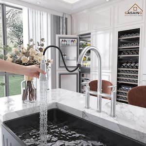 Double Handle Bridge Kitchen Faucet with Three Function Pull-Down Sprayhead in Brushed Nickel