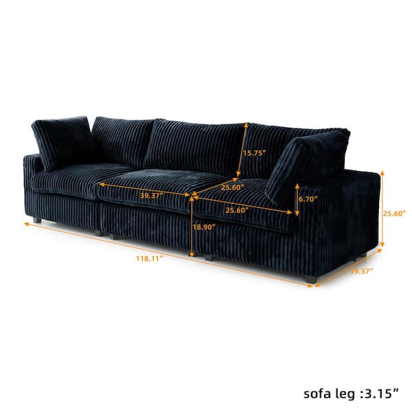118 in. Square Arm Modern 3-Piece Free Combination Velvet Cloud Modular Sectional Sofa with Washable Covers in Black