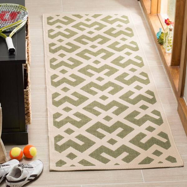 Courtyard Green/Bone 2 ft. x 12 ft. Geometric Indoor/Outdoor Patio  Runner Rug