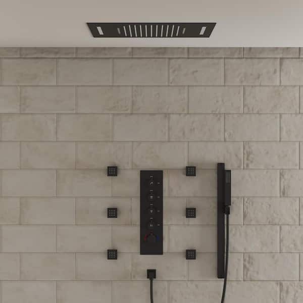 RGB LED Multiple 15-Spray Dual Ceiling Mount 23 in. x 15 in. Fixed & Handheld Shower Head 2.49GPM in Matte Black W\Valve