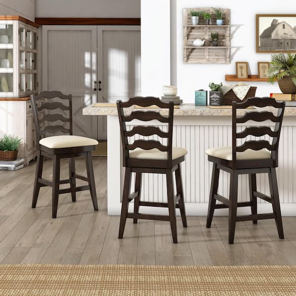 24 in. H Antique Black French Ladder Back Swivel Chair with Beige Linen Seat