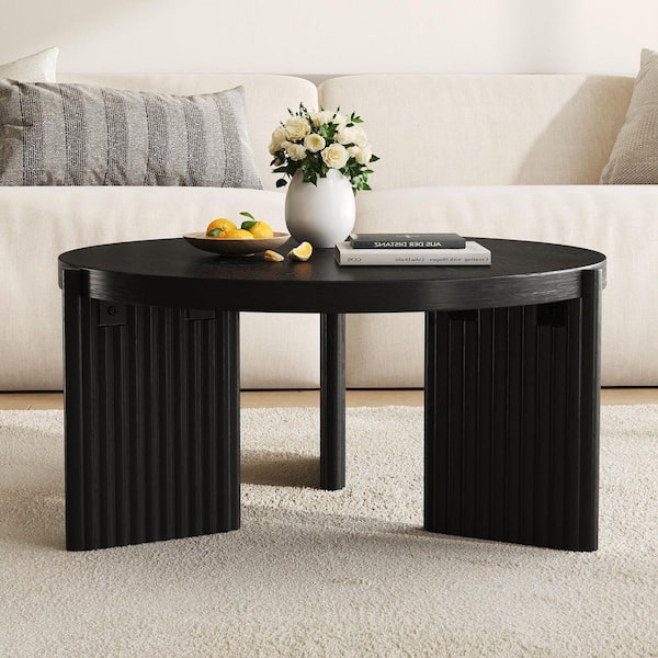 27.55 in. Black Round Wood Coffee Table with 3 Fluted Legs