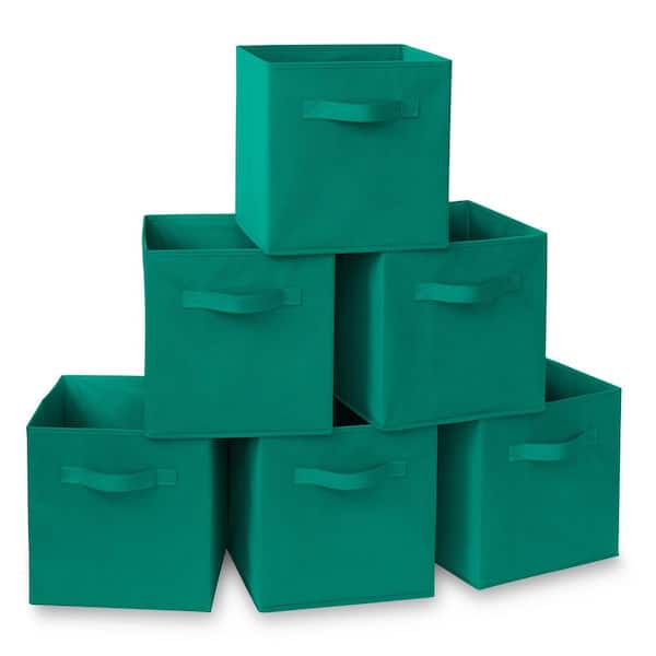 Casafield Teal Green 11 in. x 11 in. Fabric Collapsible Cubes Decorative Basket Storage Bins-Set of 6