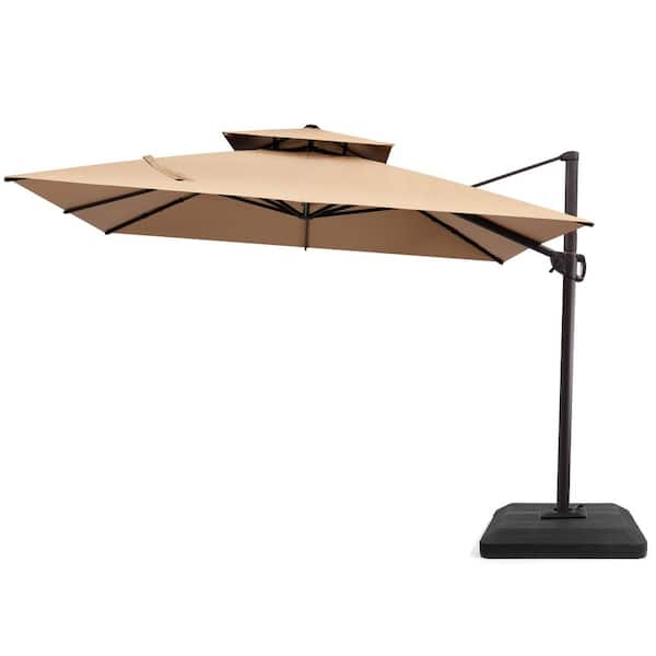 Pellebant 10.5 ft. Aluminium Square 360° Rotation Offset Cantilever Patio Umbrella in Tan and Stand Fillable Base
