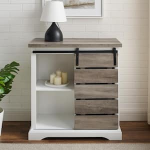 32 in. Solid White/Grey Wash Rustic Farmhouse Sliding Slat Door Accent Console