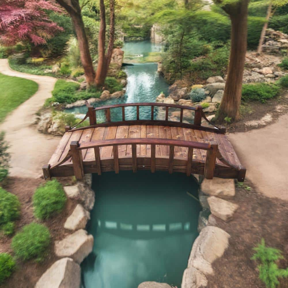 6-Foot Brown Wood Garden Bridge with Arched Design