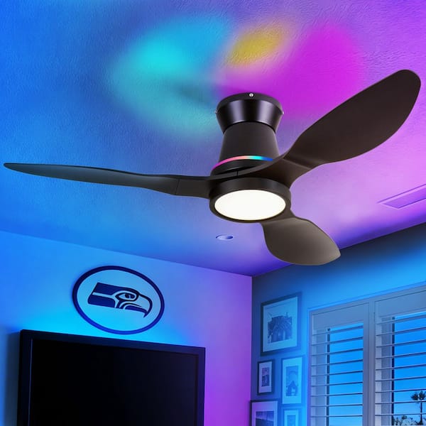 42 in. Black 3-Blades Flush Mount Standard Outdoor Ceiling Fan with Full Spectrum LED/RGB Light/Remote/App Included