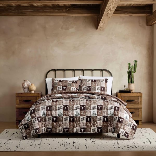 Fall Western Patch Reversible 3-Piece Chocolate Brown/Beige Microfiber King Quilt Set