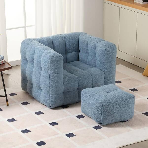 Modern Light Blue Boucle Square Bean Bag Accent Chair with Ottoman