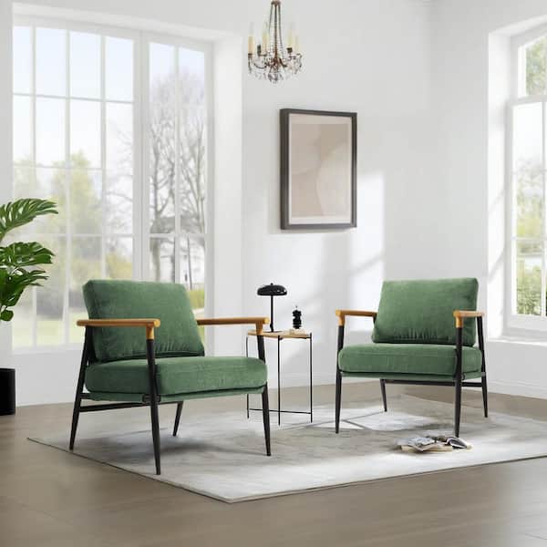Uixe Modern Green Cotton Fabric Upholstered Arm Chair with Metal Legs(Set of 2)