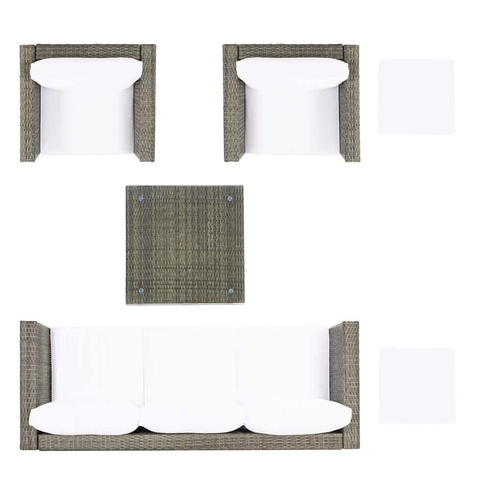 Presla 6-Piece Gray Brown Wicker Patio Set with White Cushions