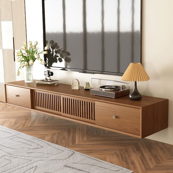 78.7 in. Floating TV Stand with Sliding Slatted Doors Drawers, Wall Mounted Media Console for Living Room Brown