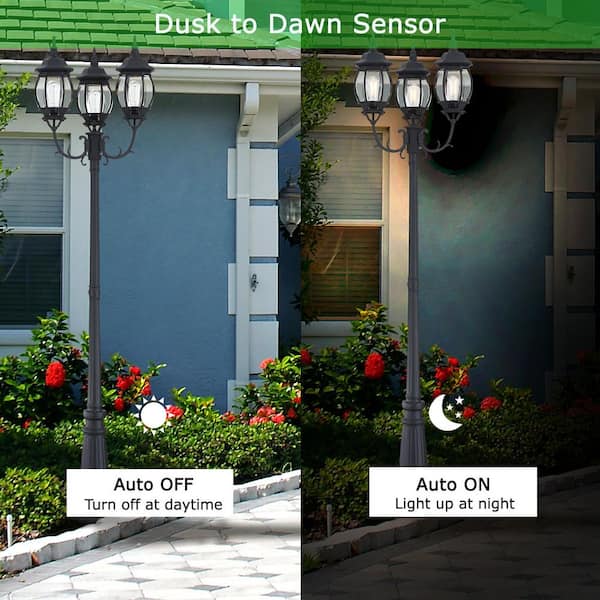 94"in 3-Light Matte Black Metal Dusk to Dawn Outdoor weather Resistant Post Light Set with No Bulbs included.