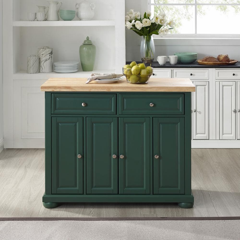 Emerald Green Birch Wood Kitchen Island Cart with Storage