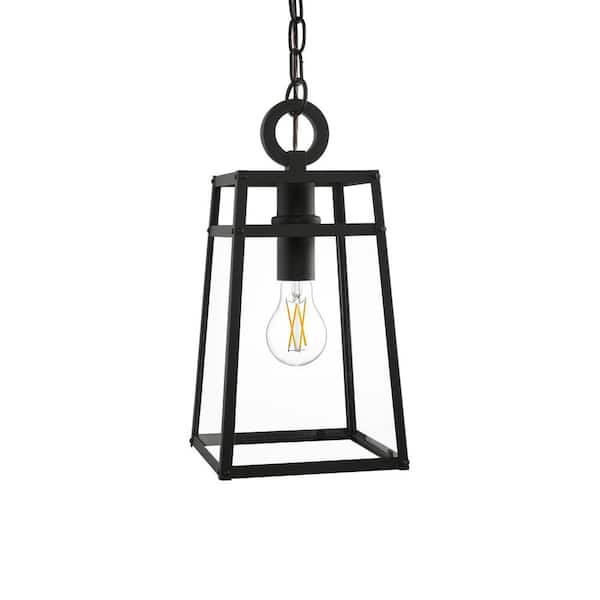 Hampton Bay Grantsdale 14.69 in. 1-Light Matte Black Hanging Outdoor Pendant Light with Clear Glass and No Bulb Included