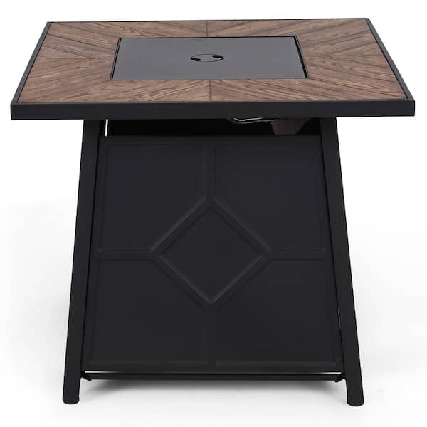 PHI VILLA 28 in. W x 24.8 in. H Square Black Metal Base Propane Gas Fire Pit Table with Brown TerrFab Top