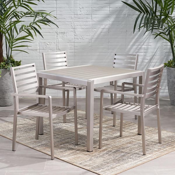 Noble House Cape Coral 30 in. Silver 5-Piece Aluminum Square Patio Outdoor Dining Set