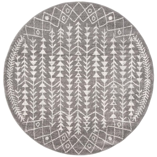 Tulum Dark Gray/Ivory 7 ft. x 7 ft. Round Tribal Diamonds Border Area Rug