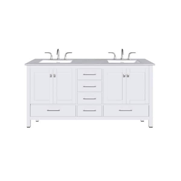 Aberdeen 72 in. Double Sink White Bath Vanity with White Carrara Quartz Top (Assembled)