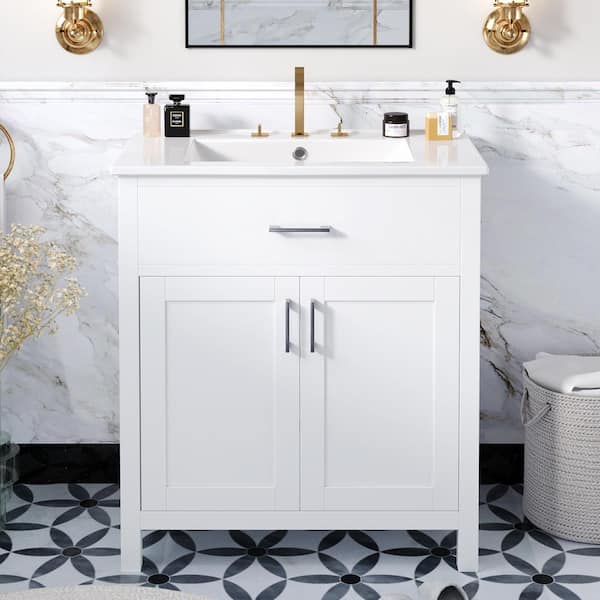 30 in. W Freestanding Bath Vanity in White with White Ceramic Top and Sink, 2 Doors