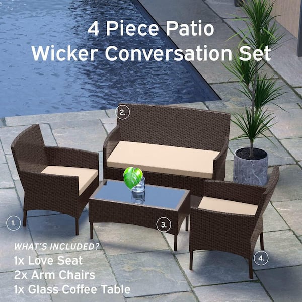 4-Piece Brown Patio Outdoor Furniture Wicker Conversation Set with Beige Cushions, 1-Loveseat, 2-Chairs and Coffee Table