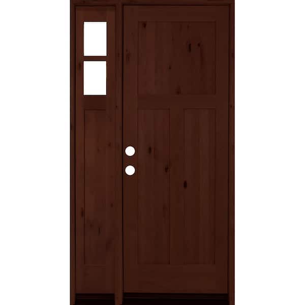 Krosswood Doors 46 in. x 96 in. Alder 3 Panel Right-Hand/Inswing Clear Glass Red Mahogany Stain Wood Prehung Front Door w/ Left Sidelite