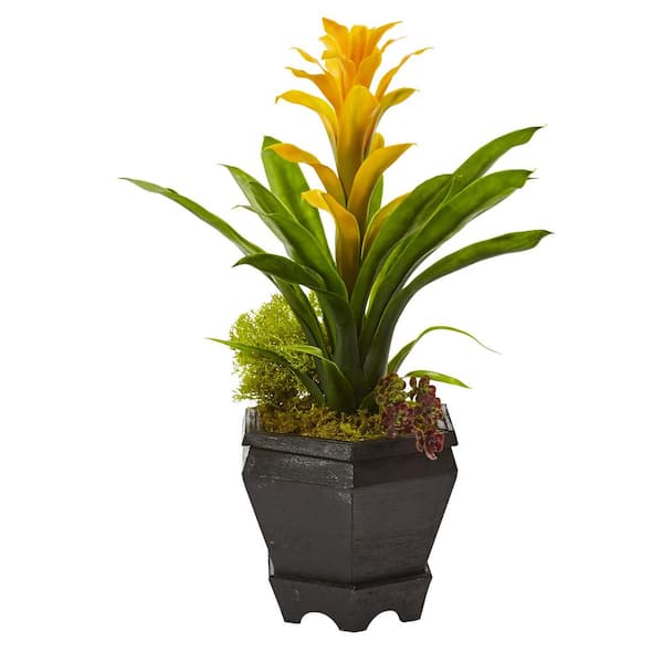Nearly Natural 16.5 in. Artificial Bromeliad in Black Hexagon Planter in Yellow