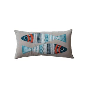 Multicolor Appliqued & Embroidered Fish Polyester 24 in. x 12 in. Cotton Chambray Lumbar Throw Pillow