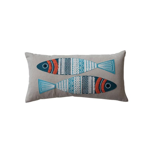 Storied Home Multicolor Appliqued & Embroidered Fish Polyester 24 in. x 12 in. Cotton Chambray Lumbar Throw Pillow
