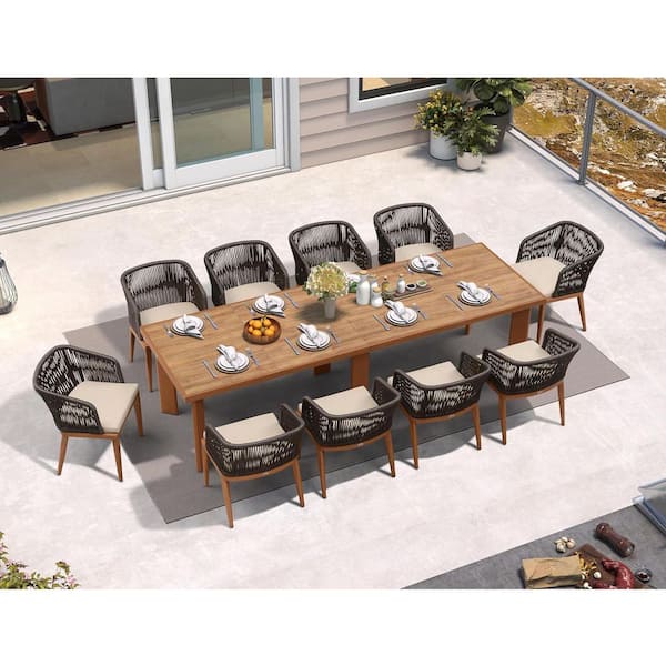 PURPLE LEAF 11-Piece Aluminum Wicker Dining Table Oversize and Armchairs Patio Outdoor Dining Set Furniture Set with Cushions, Grey