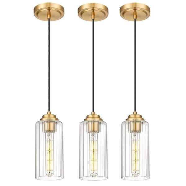 pasentel Modern 1-Light Gold Pendant Light with Clear Striped Glass Shade, No Bulbs Included (Set of 3)