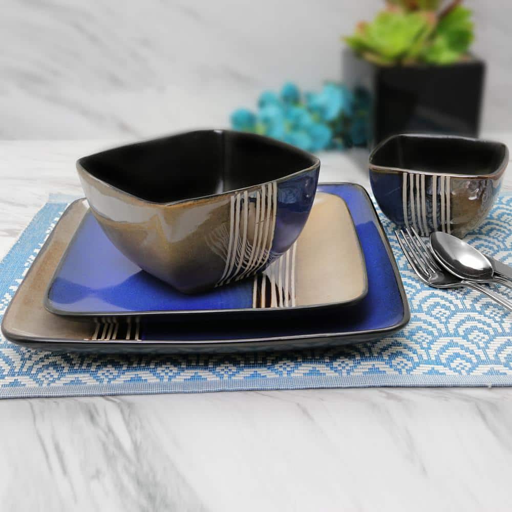 Blue and Tan Ceramic 16-Piece Dinnerware Set for 4