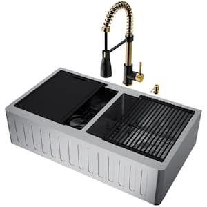 Oxford Stainless Steel 36 in. Double Bowl Farmhouse Workstation Kitchen Sink with Faucet in Gold/Black and Accessories