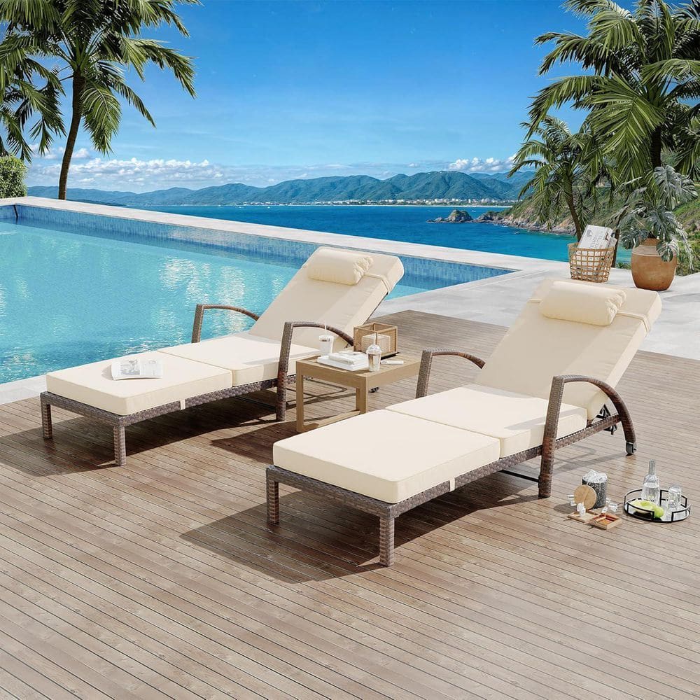 2 Piece Brown Rattan Wicker Outdoor Lounge Chairs with Beige Cushions and Pillow, 5-Position Adjustable Folding Chairs price history on PriceWatchPro