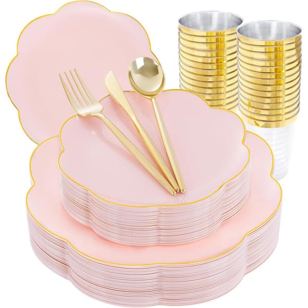 Pink Disposable Plastic Plates with Gold Silverware, 180-Piece Party Dinnerware Set